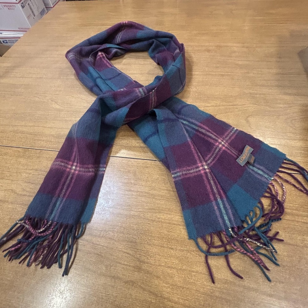 Louisa Perini Scarf Womens 60x11.5 Teal Purple Plaid 100% Cashmere Fringe Wrap